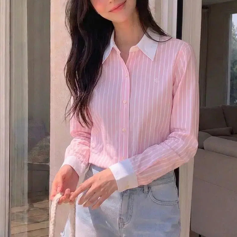 [BUNJANG] Lauren Ralph Lauren Striped Cleric Shirt (Pink) - Size S / [S] 로렌 랄프로렌 스트라이프 클레릭 셔츠 (핑크)