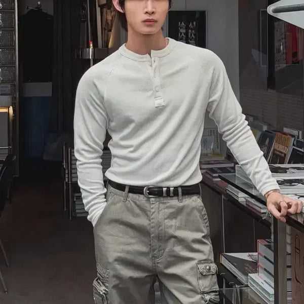[BUNJANG] 2PLAN "Konien" Muscle Fit Henley Long Sleeve T-Shirt Ivory L / 투플랜 코니엔 머슬핏 헨리넥 긴팔티 Ivory L
