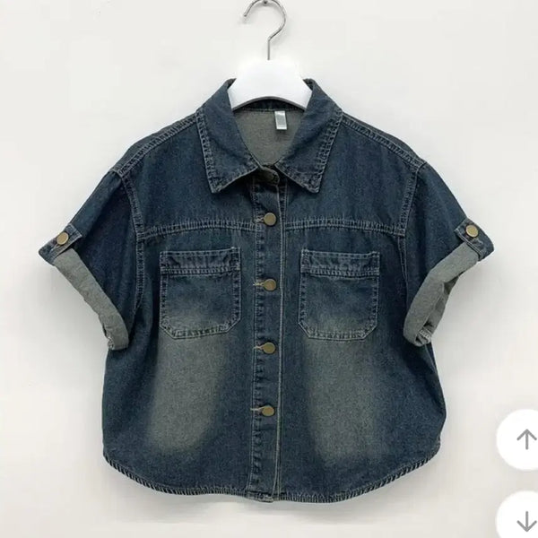 [BUNJANG] Bliss Vintage Washed Cropped Denim Shirt Jacket / 블리즈 빈티지 워싱 밑단굴림 세미크롭 데님셔츠 자켓 여름 반팔 청남방