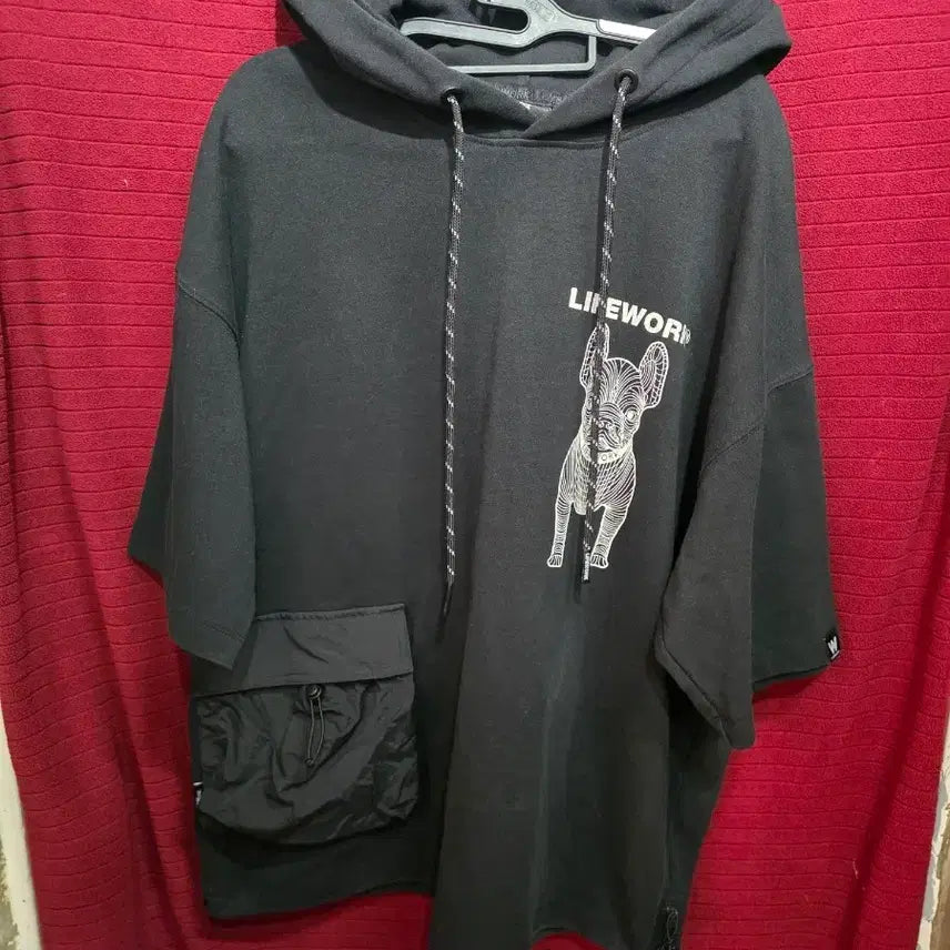 [BUNJANG] Life Work Printing Short Sleeve Hoodie Black / [F]라이프워크 프린팅 반팔 후드티 블랙