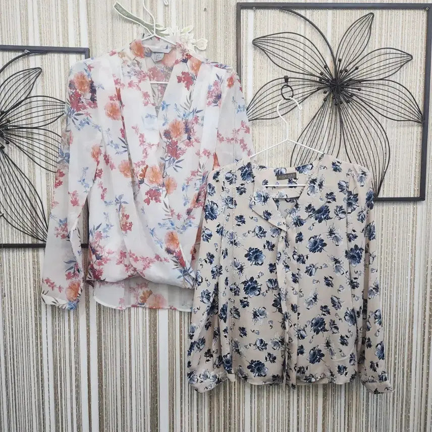 [BUNJANG] H&M Floral Chiffon Blouse & Elegance Beige Blouse Set (Size M) / H&M+엘레강스 블라우스 2벌 드려요. S~M가능