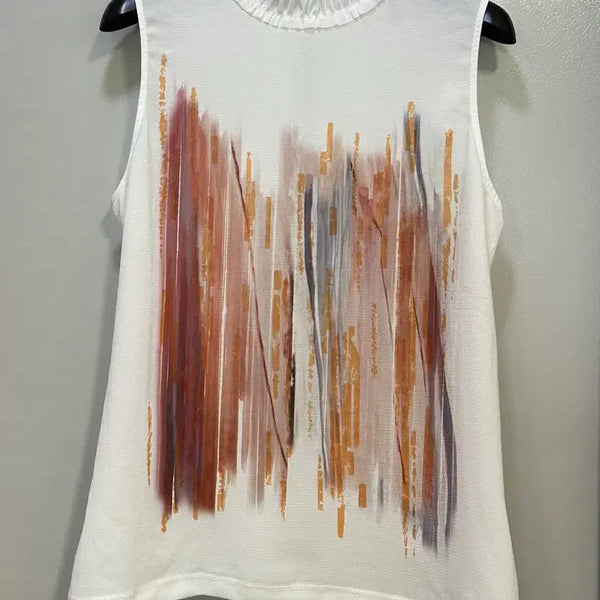 [BUNJANG] Sleeveless Abstract Print Ruffle Neck Blouse / 민소매 프릴넥 추상화 나염 블라우스
