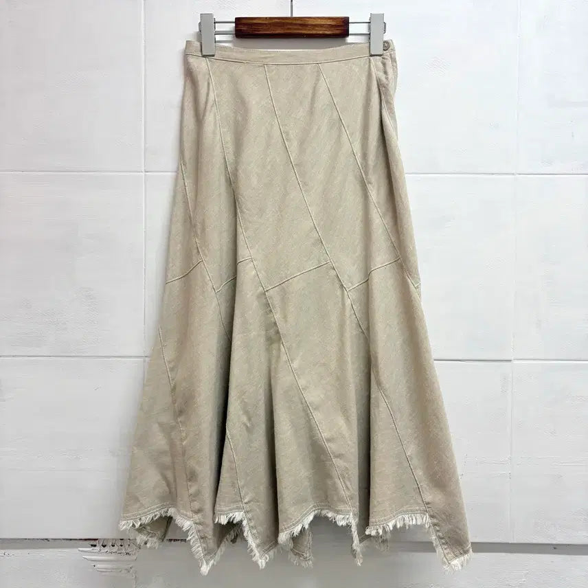 [BUNJANG] Beige Linen Cotton Patchwork Hippie Asymmetrical Midi Skirt / 베이지 린넨 코튼 패치워크 히피 언발 미디스커트 64 JPN