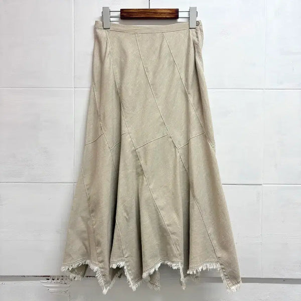 [BUNJANG] Beige Linen Cotton Patchwork Hippie Asymmetrical Midi Skirt / 베이지 린넨 코튼 패치워크 히피 언발 미디스커트 64 JPN