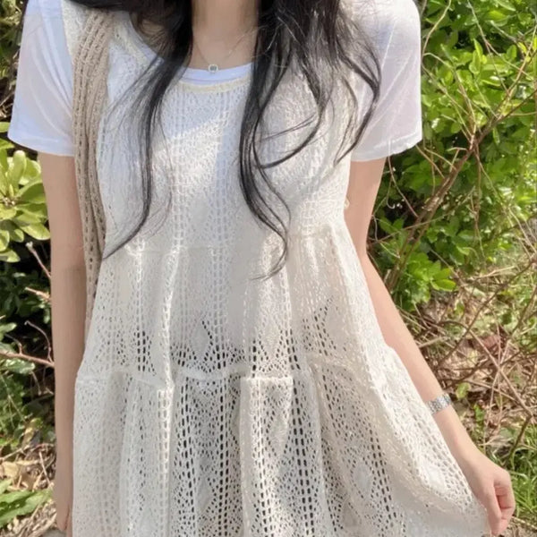[BUNJANG] Layered Ribbon Crochet Knit & Short Sleeve T-shirt Set / 레이어드 리본 크로셰 니트 & 반팔티 세트
