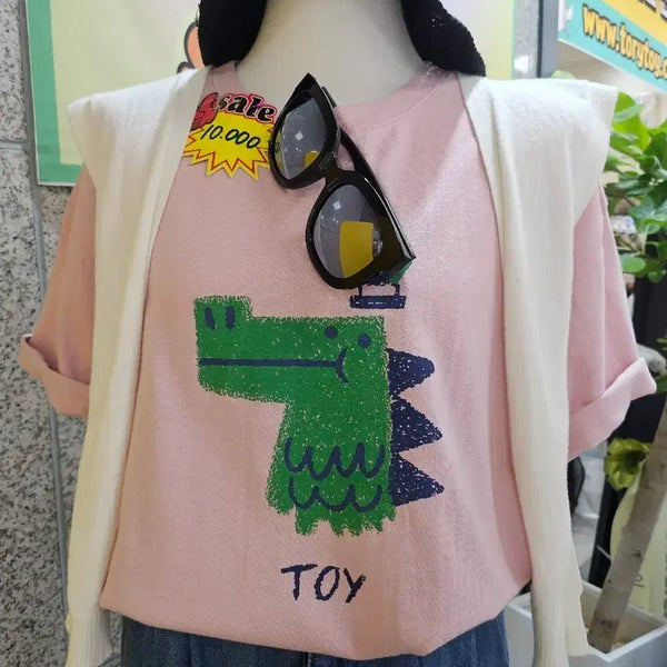 [BUNJANG] Pink Dinosaur Print T-Shirt (Free Size) / 핑크색 공룡 프린팅 반팔 티셔츠 F