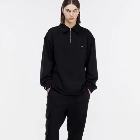 [BUNJANG] Zipper Songzio Black Oversized Fit Collar Long Sleeve T-shirt / 지제로 송지오 카라 긴팔티