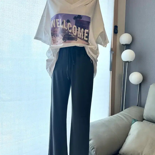 [BUNJANG] Welcome Graphic T-Shirt and Cool Bending Pants Two-Piece Set / 웰컴 그래픽 반팔 티셔츠 + 쿨밴딩팬츠 투피스