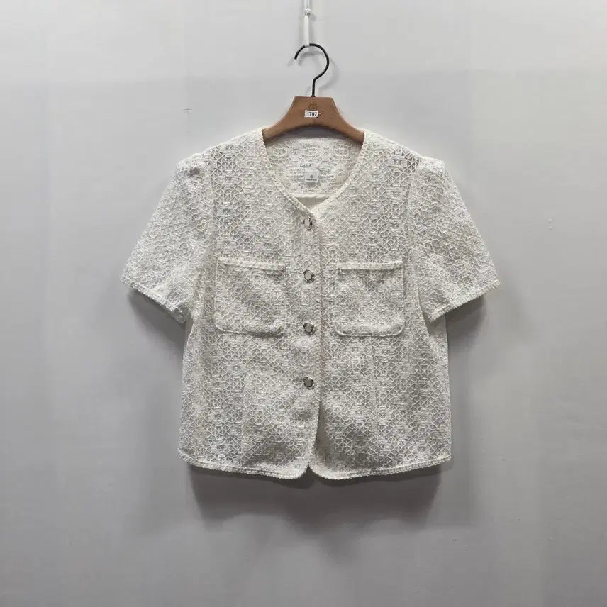 [BUNJANG] LAHA Women's Lace Short-Sleeve Jacket Ivory Collarless Pocket / 1707 LAHA 여성 레이스 반팔 자켓 S 아이보리 노카라 포켓 하객룩