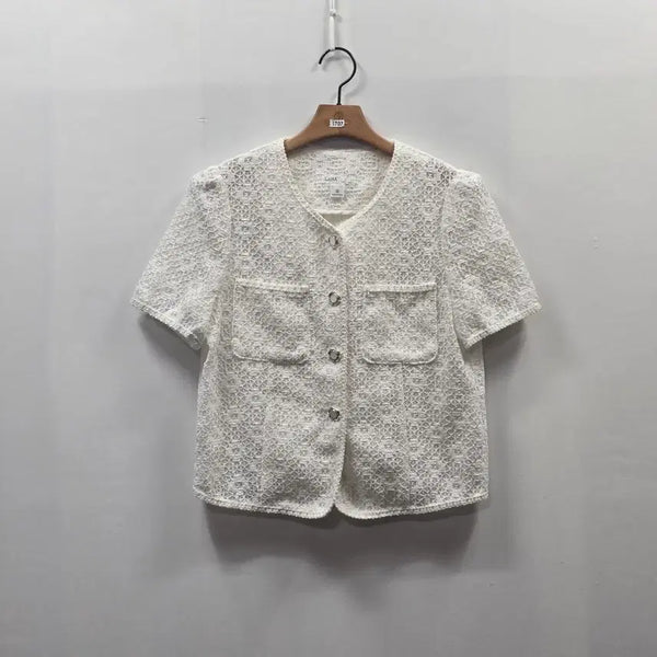 [BUNJANG] LAHA Women's Lace Short-Sleeve Jacket Ivory Collarless Pocket / 1707 LAHA 여성 레이스 반팔 자켓 S 아이보리 노카라 포켓 하객룩