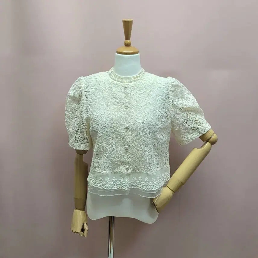 [BUNJANG] Lace Pearl Puff Jacket Blouse / 레이스 진주 퍼프 자켓형 블라우스