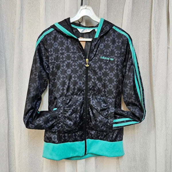 [BUNJANG] Adidas Windbreaker Hoodie Zip-Up Black Mint Pattern / 아디다스 바람막이 후드집업 블랙 민트 패턴