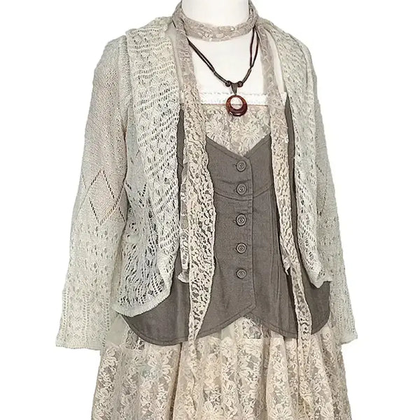 [BUNJANG] Vintage Punching Argyle Diamond Drape Ruffle Open Cardigan / 일본빈티지 펀칭아가일다이아 드레이프러플오픈가디건 모리걸갸루y2k히피에스닉