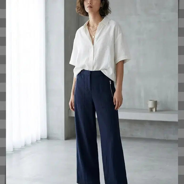 [BUNJANG] ZARA Linen 100% Wide-Leg Pants Navy (Size 77) / 자라 린넨100% 자크주머니 와이드팬츠 77 밴딩 네이비