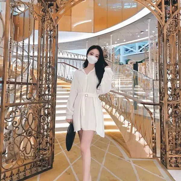 [BUNJANG] Roselyn Jewel Classic Belt Shirt Dress - White / [로젤린] 쥬얼 클래식 벨트 셔츠 원피스 - 화이트