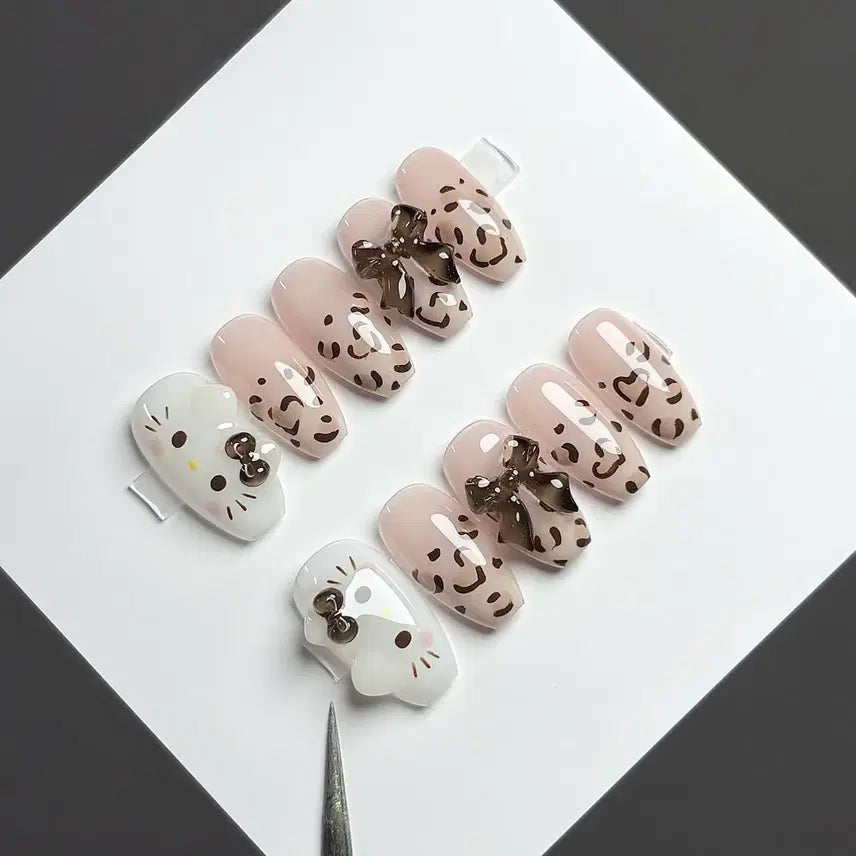[BUNJANG] Handmade Kitty Leopard Ribbon Nail Tips / 키티호피리본 수제네일팁