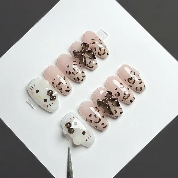 [BUNJANG] Handmade Kitty Leopard Ribbon Nail Tips / 키티호피리본 수제네일팁