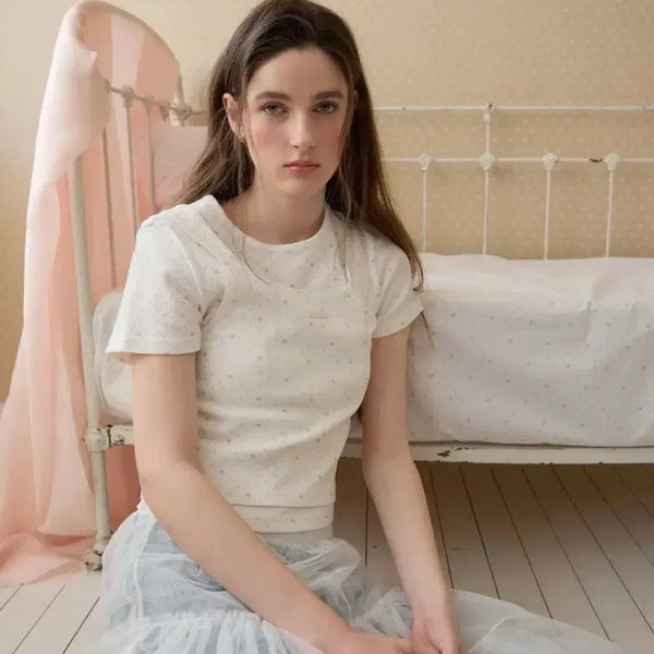 [BUNJANG] Letter From Moon Palm Layered Lace Short Sleeve T-Shirt Ivory / 레터프롬문 팜스 레이어드 레이스 반팔티 아이보리