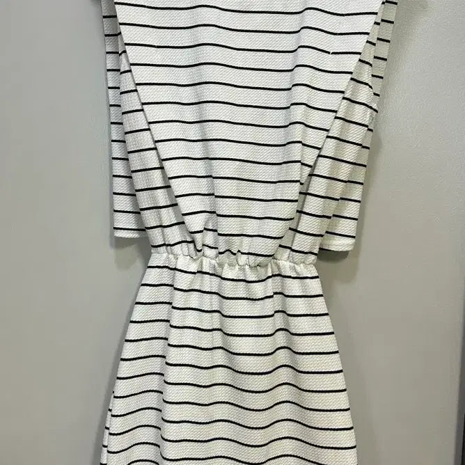 [BUNJANG] Striped Short-Sleeve Midi Dress with Waist Banding / 스트라이프 반팔 원피스