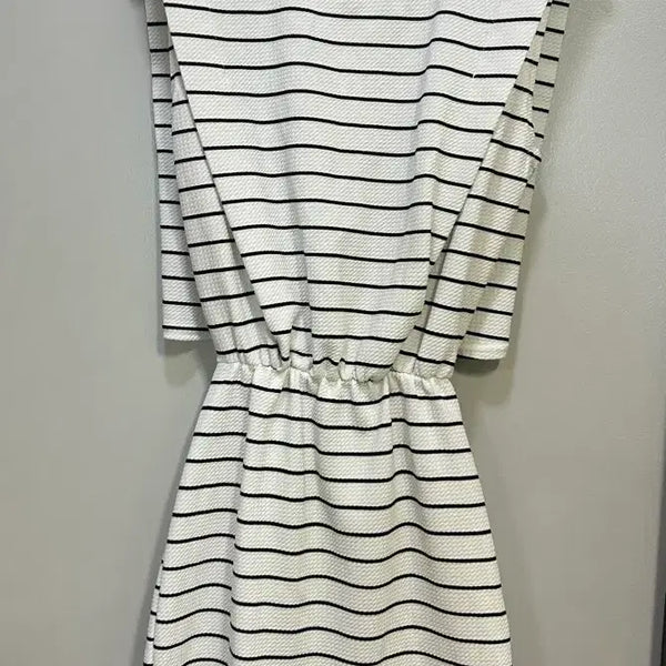 [BUNJANG] Striped Short-Sleeve Midi Dress with Waist Banding / 스트라이프 반팔 원피스