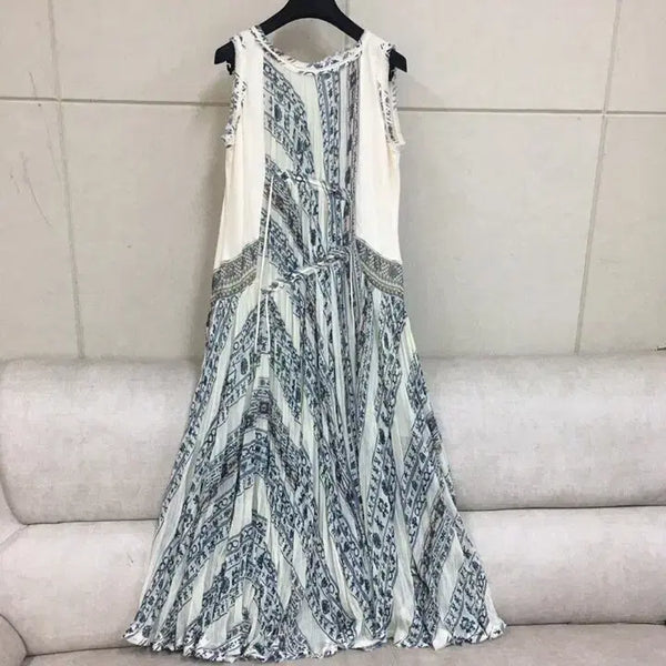 [BUNJANG] TIME by TIME Pattern Sleeveless Flare Long Dress / 한섬 타임  정품 패턴 민소매 주름 플리츠 롱원피스 쉬폰