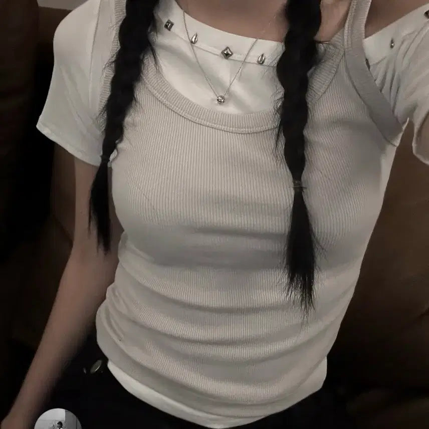 [BUNJANG] Mneam Ribbed Tank Top Set / 므넴 나시 티셔츠 세트
