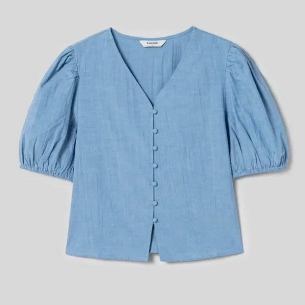 [BUNJANG] 8seconds Denim Puff Sleeve Blouse / (새상품)S 8seconds 에잇세컨츠 데님 콩단추 퍼프소매 블라우스