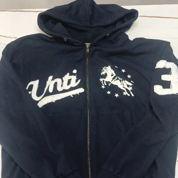 [BUNJANG] Untitled Seoul Unicorn Varsity Emblem Hooded Zip-up Navy / [언타이틀 서울] 유니콘 바시티 엠블럼 후드집업 네이비