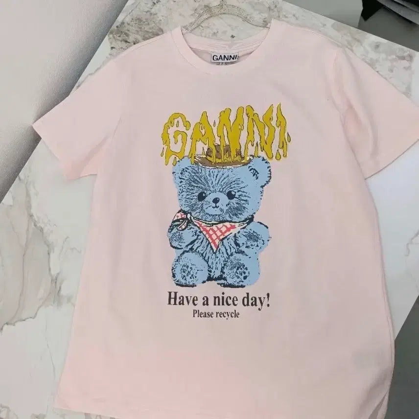 [BUNJANG] GANNI Bear Print Short Sleeve T-Shirt Pink / 가니 곰돌이 프린트 반팔 티셔츠 핑크(정품)