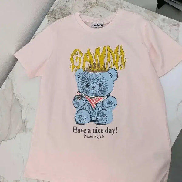 [BUNJANG] GANNI Bear Print Short Sleeve T-Shirt Pink / 가니 곰돌이 프린트 반팔 티셔츠 핑크(정품)