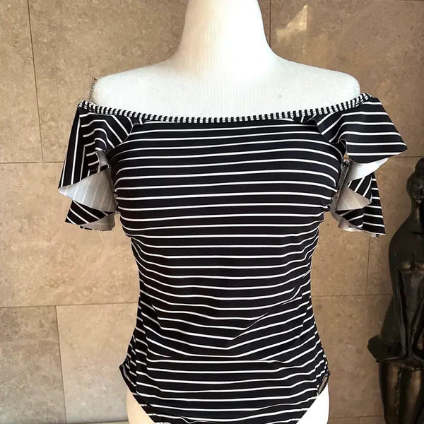 [BUNJANG] Vince Camuto Off-the-Shoulder Ruffle Stripe Swimsuit / 빈스카무토 (미국) 오프숄더 러플 쓰트라잎 수영복
