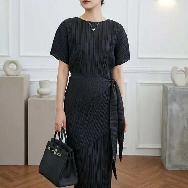 [BUNJANG] Pleated Black Dress + Scarf Set / 플리츠 블랙 원피스+스카프 새상품