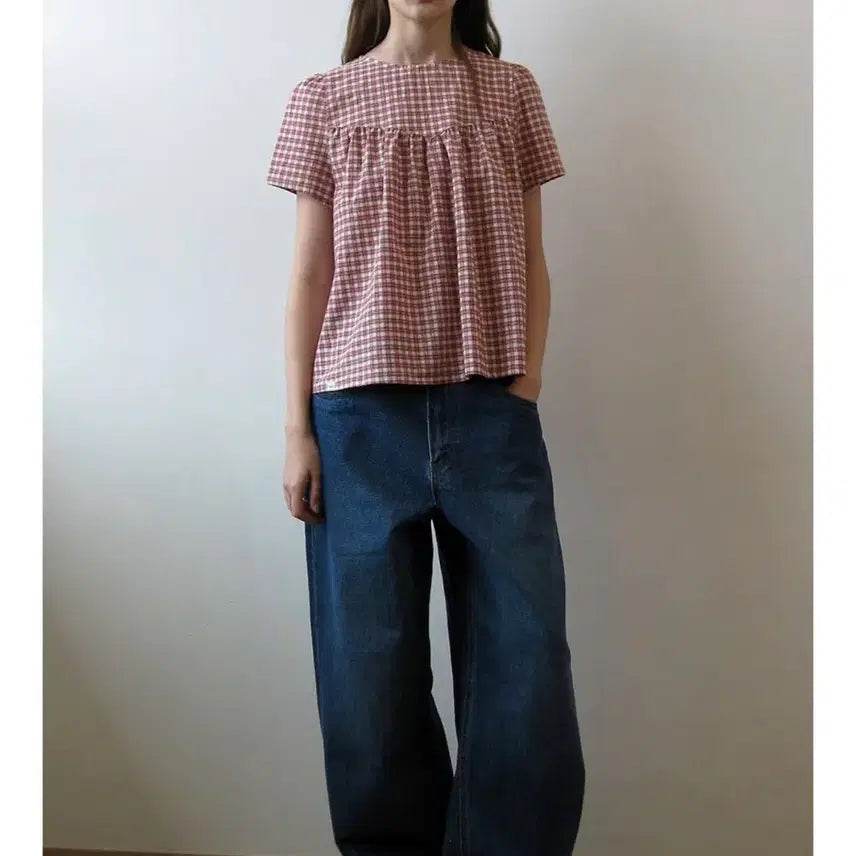[BUNJANG] Natsu Shirring Half Blouse Red / 나츠_Check shirring half blouse, red