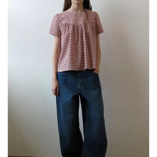 [BUNJANG] Natsu Shirring Half Blouse Red / 나츠_Check shirring half blouse, red