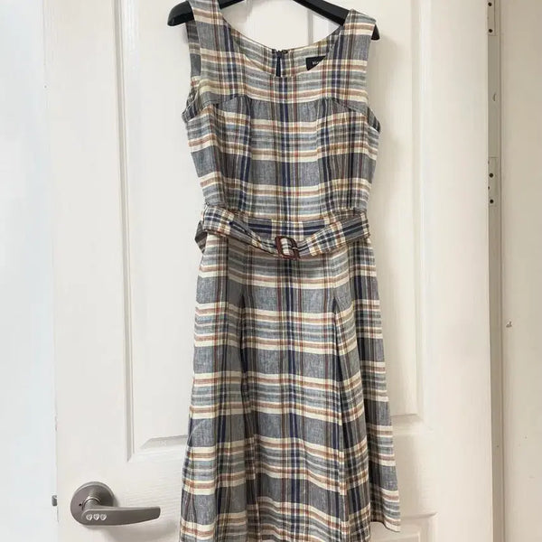 [BUNJANG] Beanpole Sleeveless Check Belt Pleats Midi Dress / 빈폴 체크 민소매 벨트 플리츠 미디 원피스 90