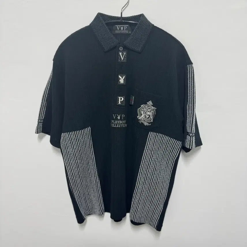 [BUNJANG] Playboy VIP Collection Stripe Half Collar T-Shirt / 플레이보이 vip 컬렉션 스트라이프 하프 카라티