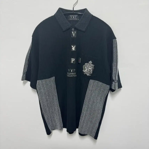 [BUNJANG] Playboy VIP Collection Stripe Half Collar T-Shirt / 플레이보이 vip 컬렉션 스트라이프 하프 카라티