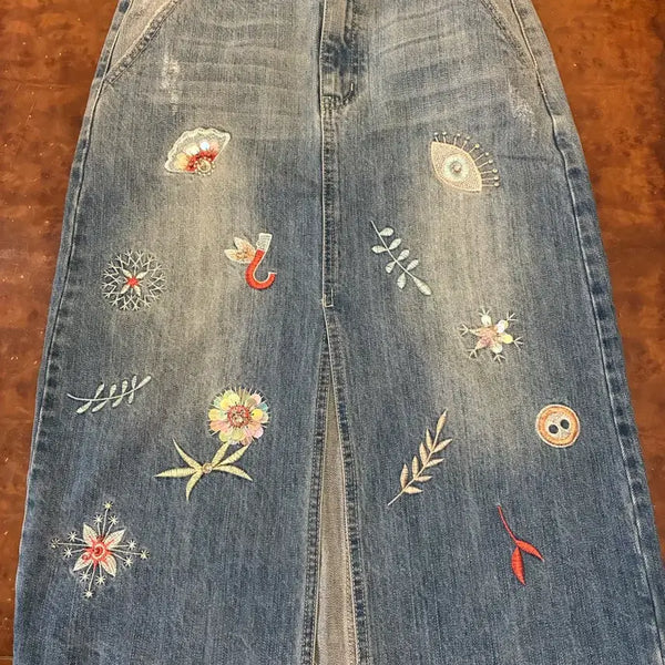 [BUNJANG] Embroidered Denim Midi Skirt / 청치마 자수 포인트