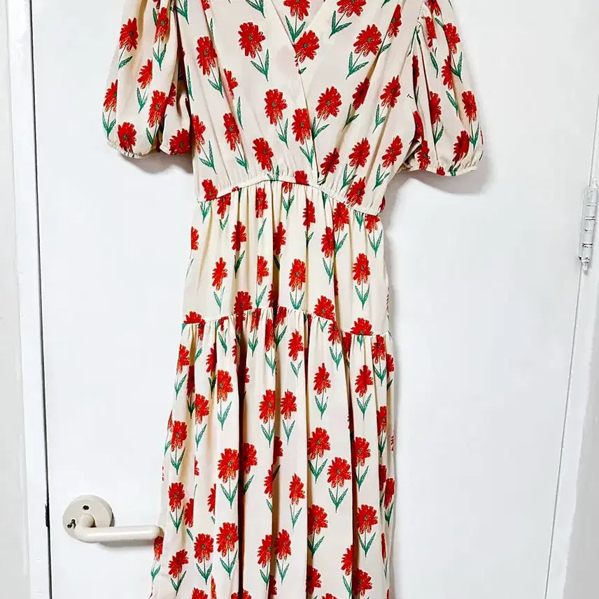 [BUNJANG] Cream Orange Floral Midi Dress / 크림 주황 꽃무늬  원피스