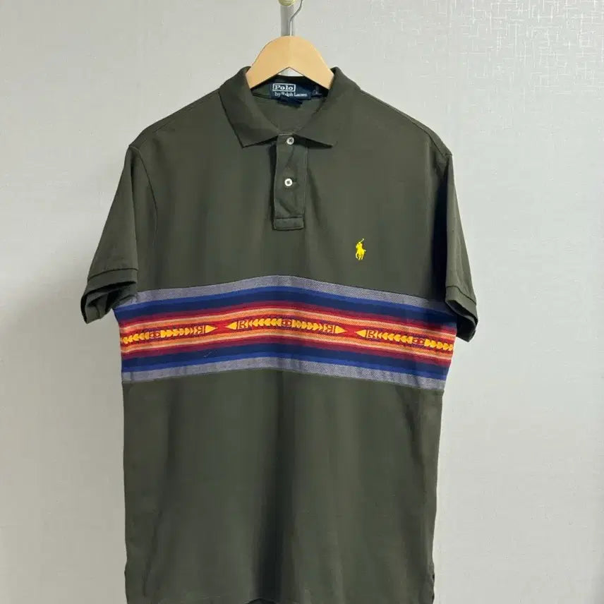 [BUNJANG] Polo Ralph Lauren Patterned Khaki T-Shirt / [M]폴로 랄프로렌 카라티 패턴 카키