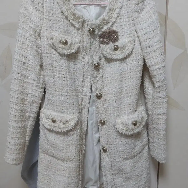 [BUNJANG] Chanel-Inspired Tweed Long Jacket with Gold Button Detail / 사넬st 트위드롱 자켓