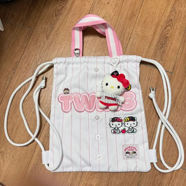 [BUNJANG] Hello Kitty Twins Baseball Uniform Gym Sack with Keychain & Pin Badge Set / 새상품 헬로키티 트윈스 야구 유니폼 짐색+키링+핀뱃지 판매