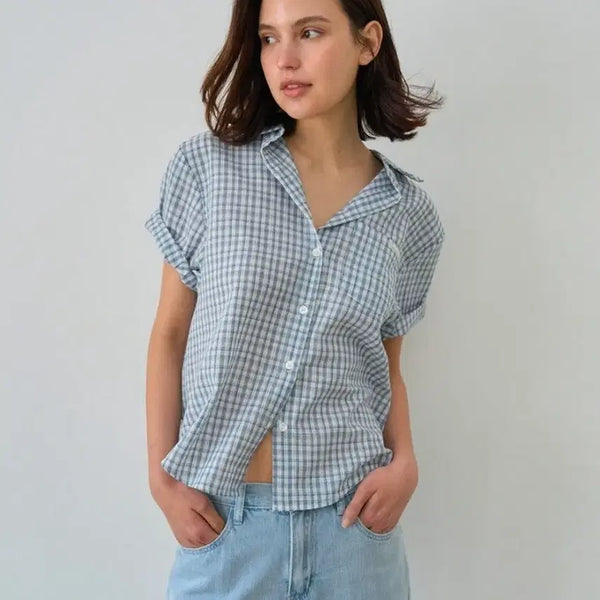 [BUNJANG] Edmore Self-Produced Onet Roll-up Short Sleeve Shirt - Ivory+Blue / 에드모어 자체제작 오넷 롤업 반팔 셔츠 #아이보리+블루