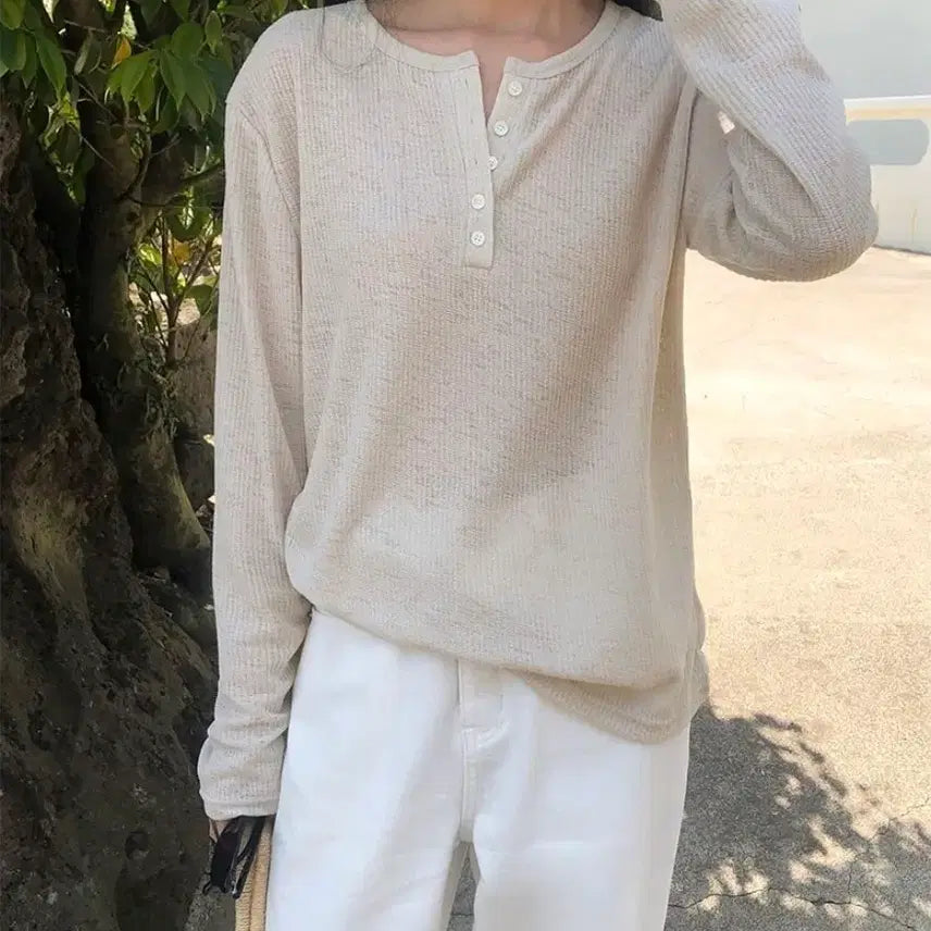 [BUNJANG] Edmore Self-Produced Perry Henley Knit T-shirt Light Beige / 에드모어 자체제작 페리 헨리넥 니트티셔츠 #라이트베이지