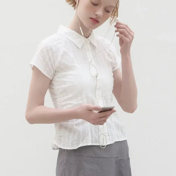 [BUNJANG] Foreve Broderie Shirring Shirt - White / 포에브 Broderie Shirring 브로더리 셔링 셔츠 화이트
