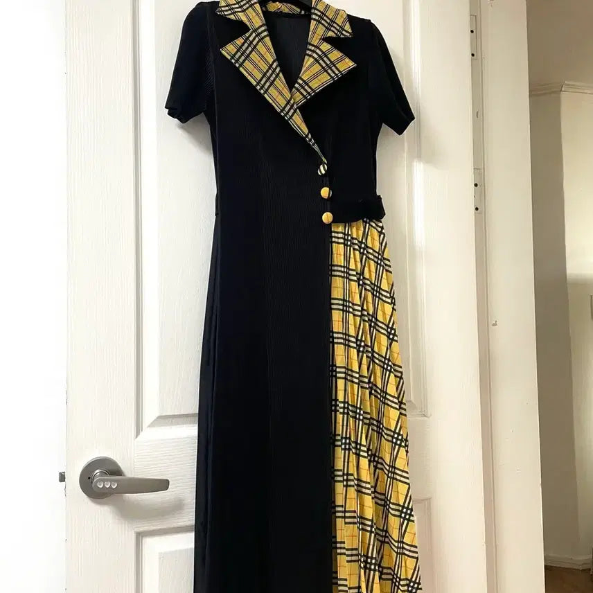 [BUNJANG] Pleated Check Color Block Short Sleeve Collar Long Summer Dress (Sizes 55-77) / 플리츠 체크 배색  반팔 칼라 주름 롱 여름 원피스 빅사이즈 55-77