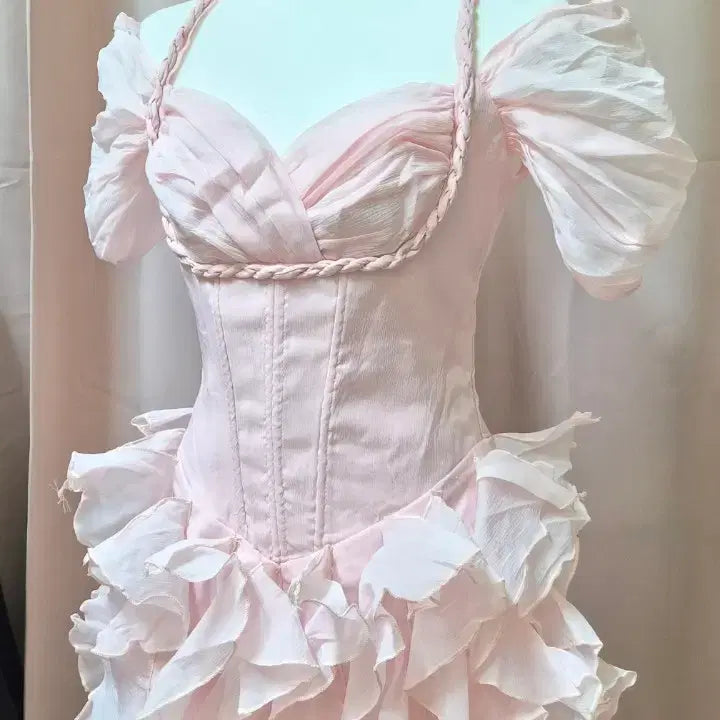 [BUNJANG] Pink Puff Sleeve Ruffle Dress / 핑크색 퍼프 소매 프릴 드레스