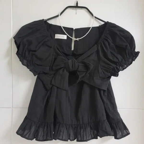 [BUNJANG] Black Frill Ribbon Blouse / 블랙프릴리본블라우스