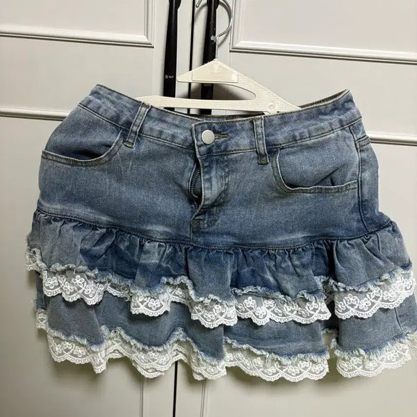 [BUNJANG] Denim Lace Frill Mini Skirt / 데님 레이스 프릴 미니스커트