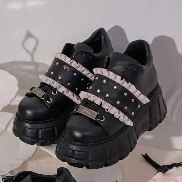 [BUNJANG] Fium Frill Belt Volume Sneakers Black x Pink L Size / 피움 프릴 벨트 볼륨 스니커즈 블랙x핑크 L사이즈 지뢰계 양산형 걸리
